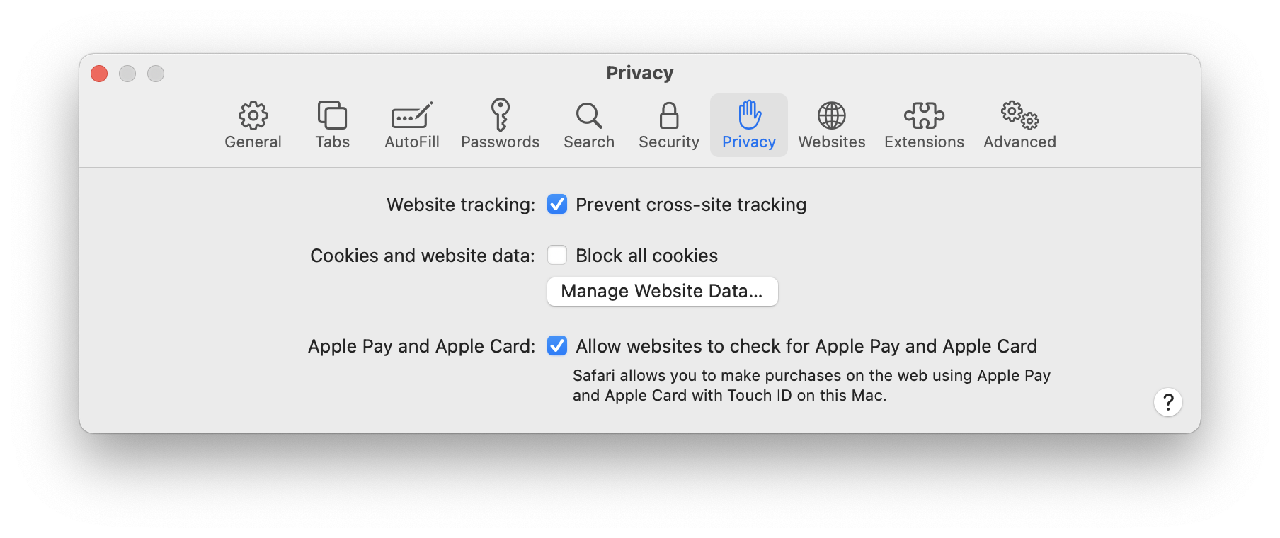 Image of Safari settings with the Manage Website Data button