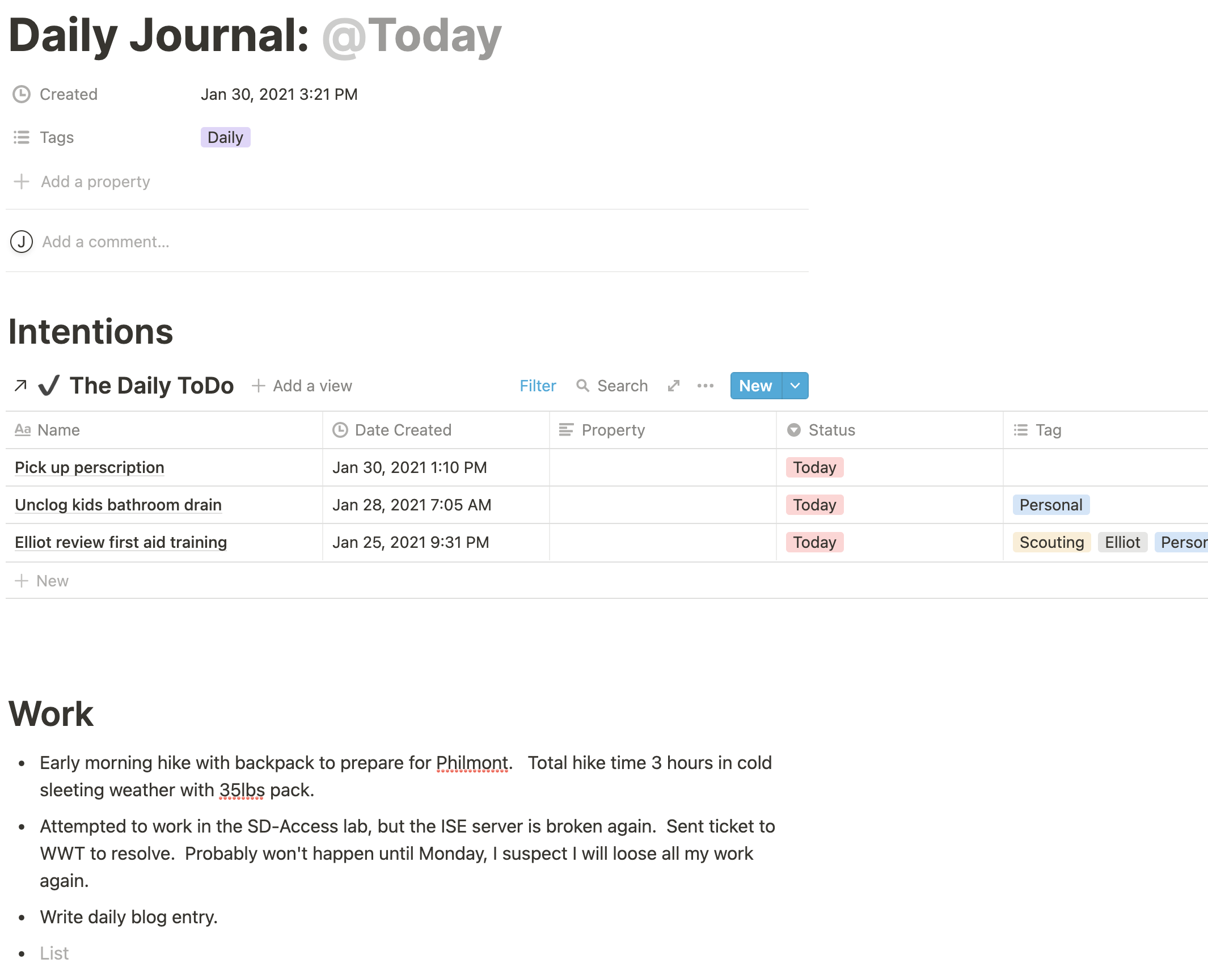 Image of Notion daily journal page with embedded todo list
