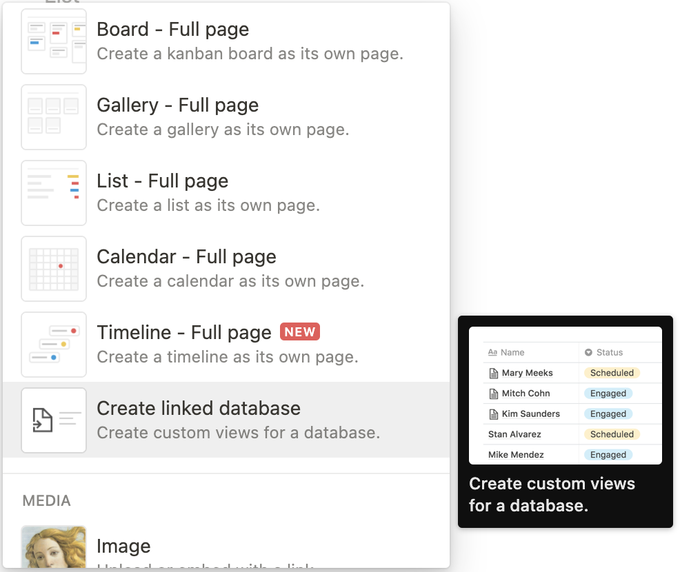 Image of menu within Notion to create a linked database
