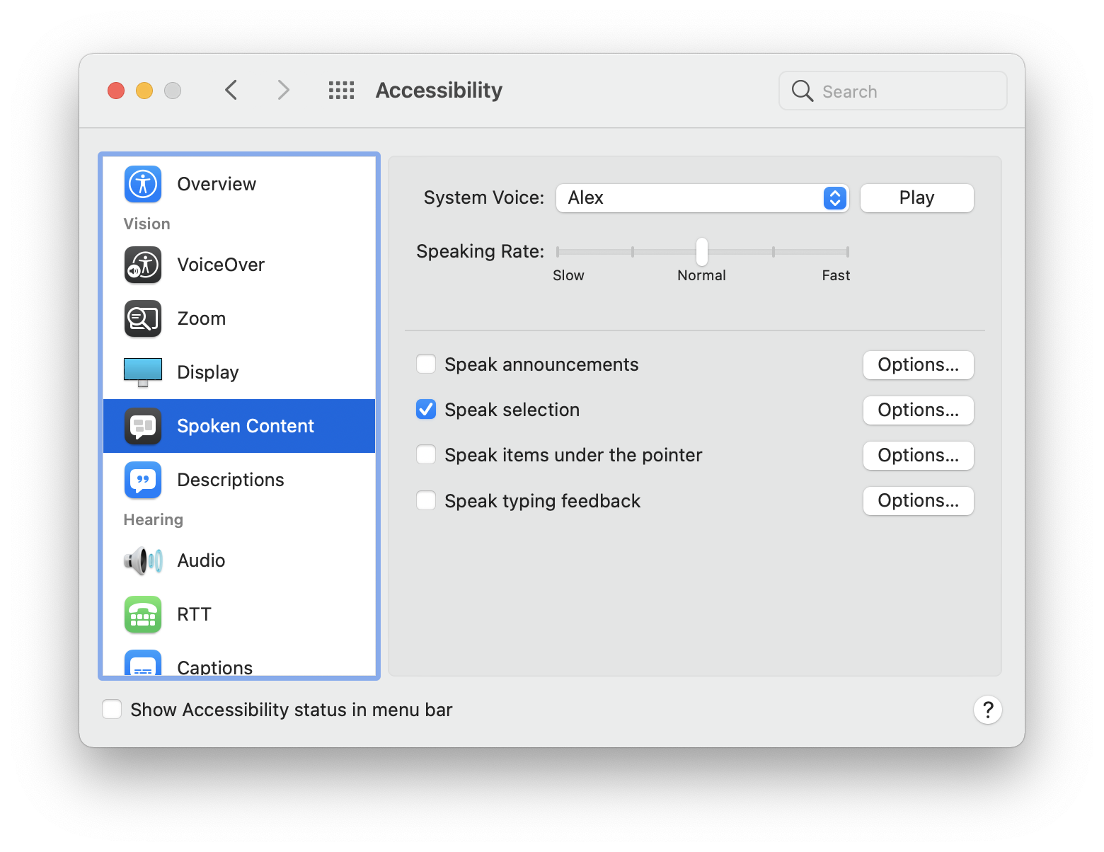 Image showing macOS System Preferences to enable speak selection