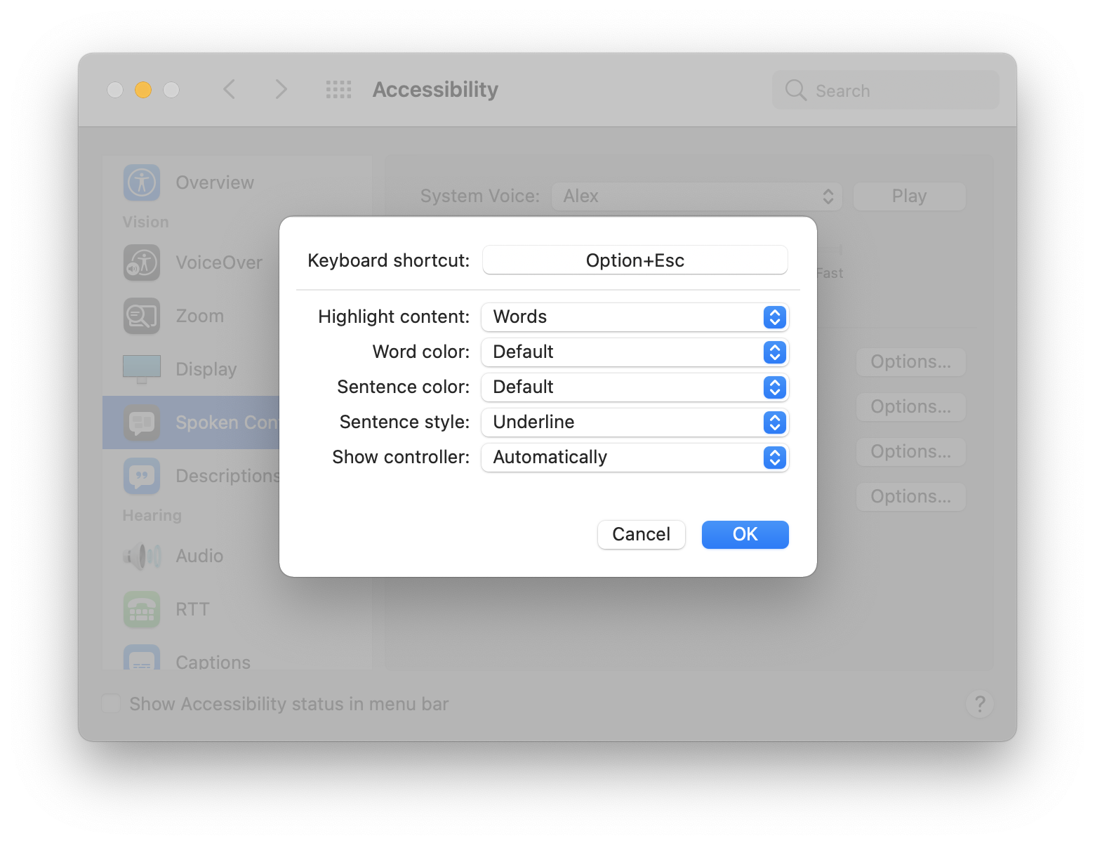 Image of macOS system preferences to change the keyboard short cut to start speaking