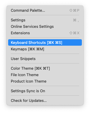 Image of vscode keyboard shortcut settings menu