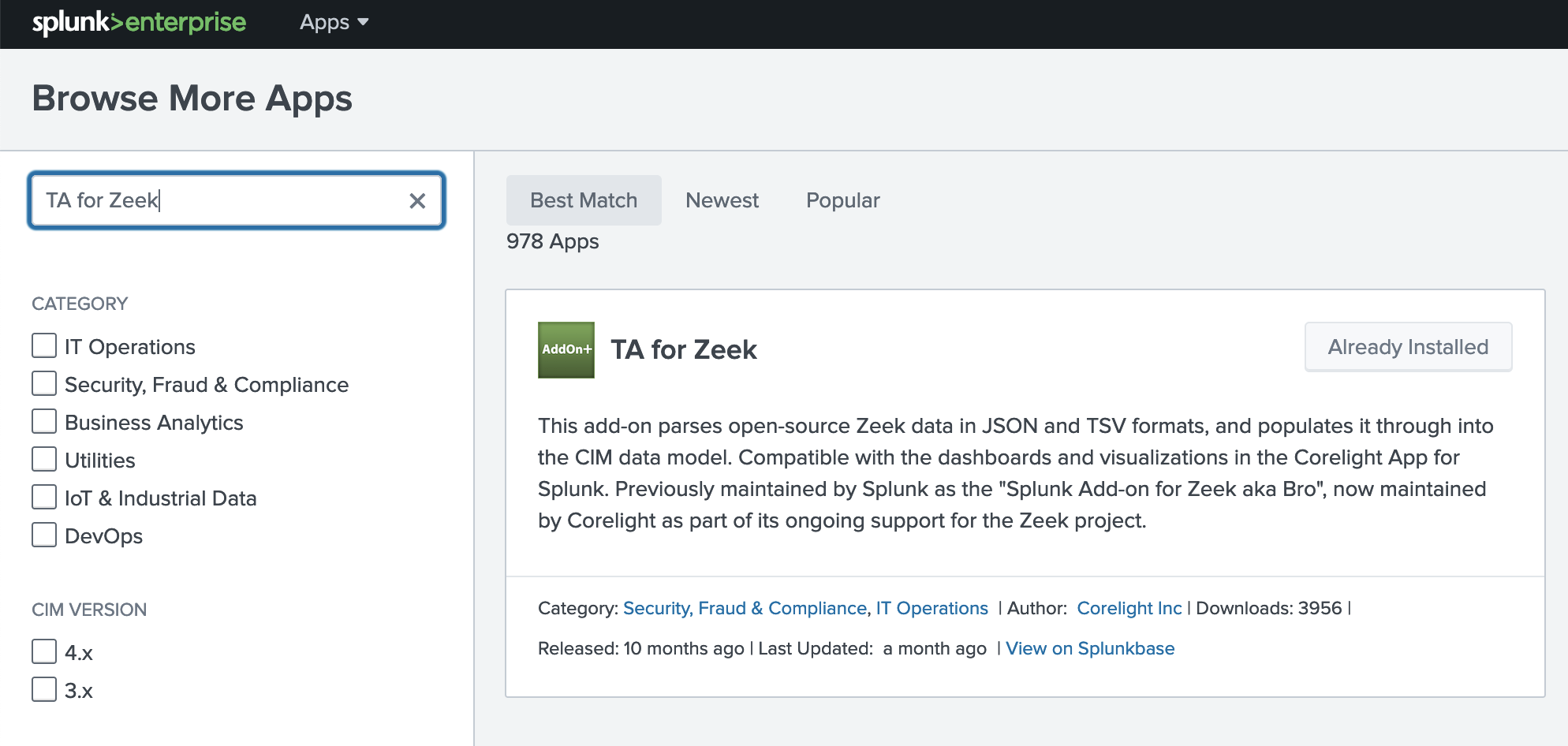 Image of TA for Zeek APP Installation Screen