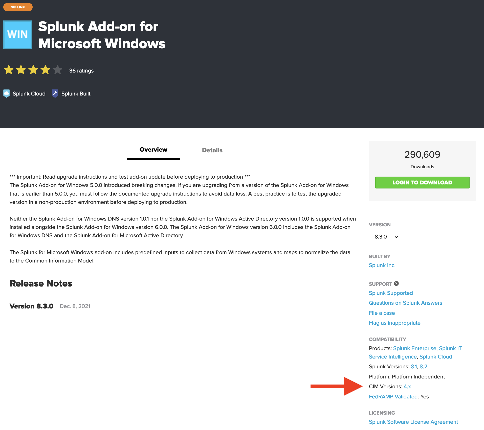 Image of MS app for Splunk with CIM compliance version