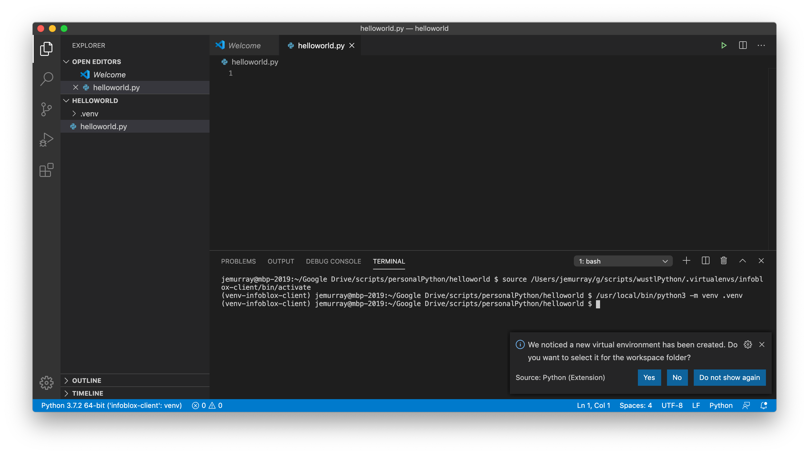 visual studio code python create virtual environment